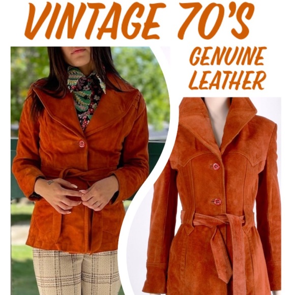 Vintage Jackets & Blazers - Vintage Suede Leather Jacket Burnt Orange Belted Suede Coat Size Medium 13/14